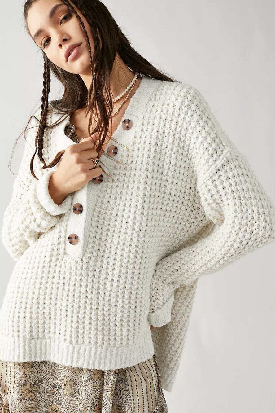 Free People Whistle Thermal Henley Ivory Knit Sweater Coastal Boho Cottage Large